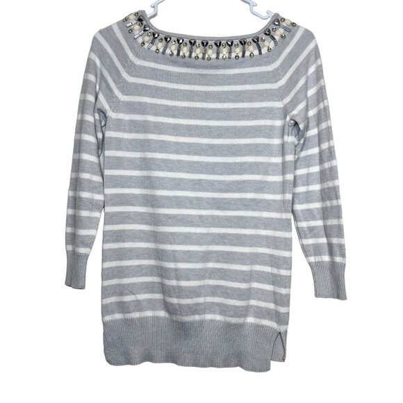 C Wonder Sweater XXS Womens Grey Cream‎ Jewel Boat Neck Striped Pullover - Picture 2 of 9